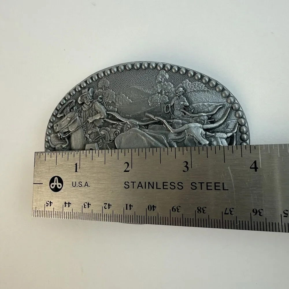 Vintage Western Cattle Drive Belt Buckle ZEE Series USA Noble OK Rodeo Longhorns